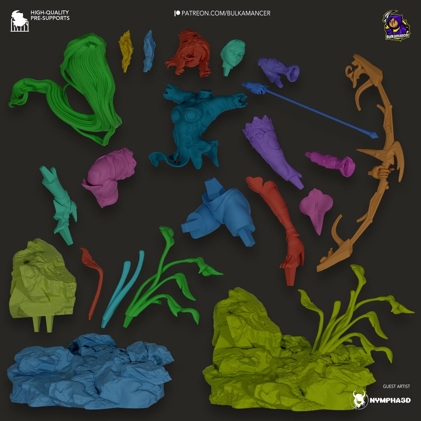 a bunch of different colored plastic items on a black background