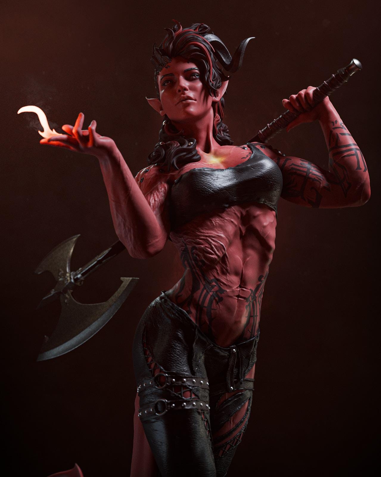 a woman in a leather outfit holding a hammer and a pair of scissors