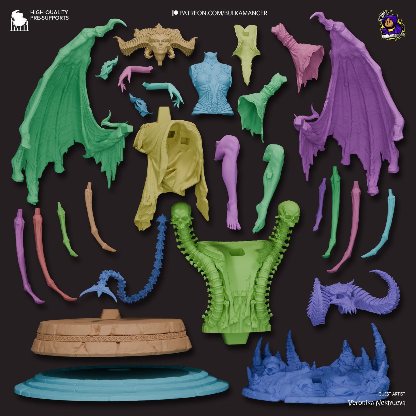 a bunch of different colored plastic toys on a black background