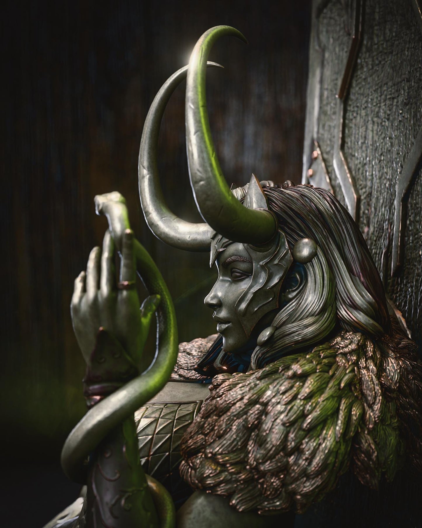 a statue of a demon holding a snake