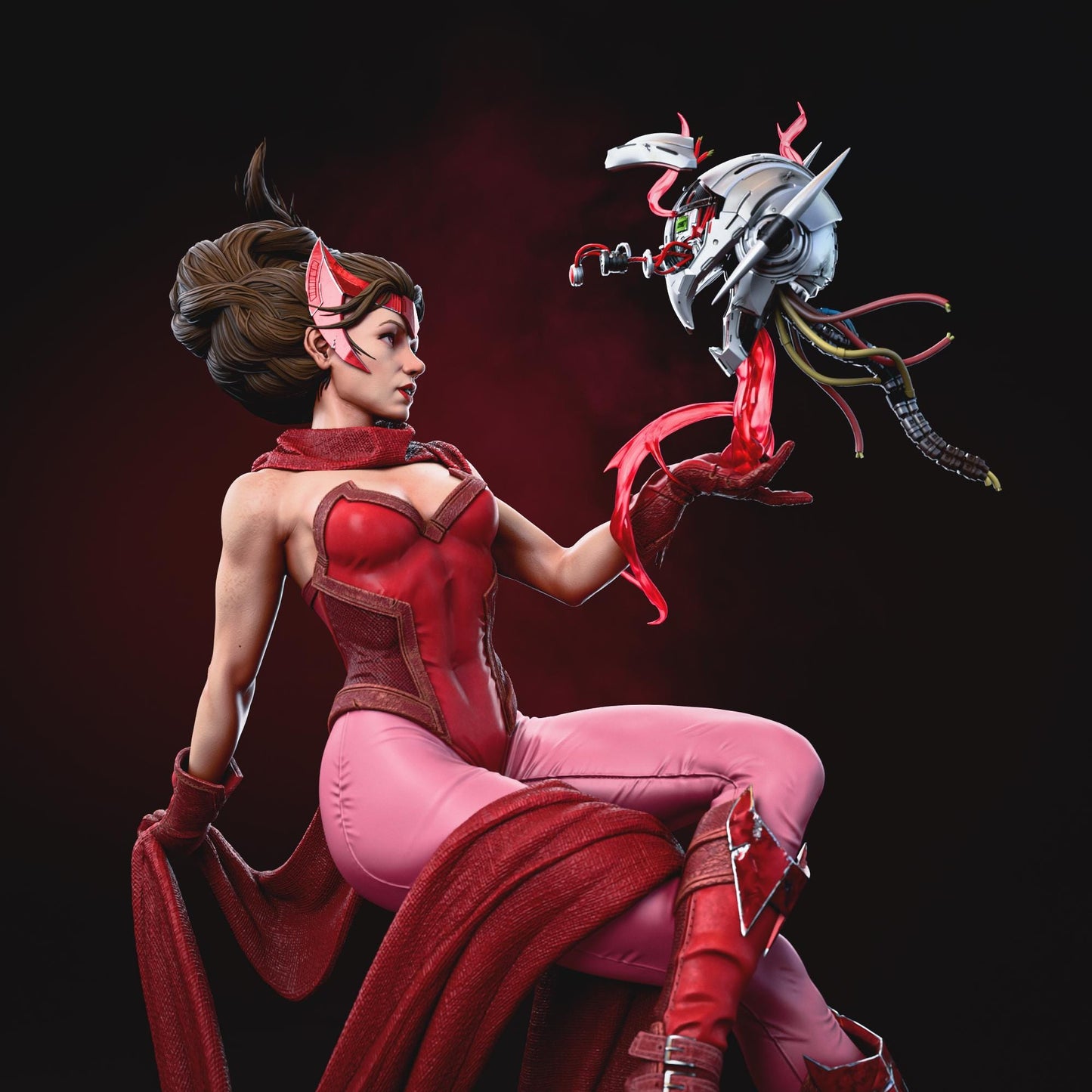 a woman in a red outfit holding a red object