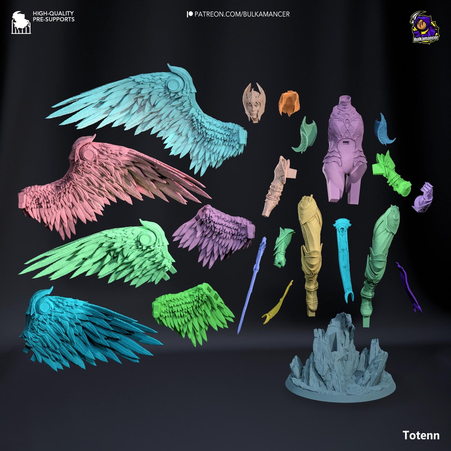 a bunch of different colored wings on a black background
