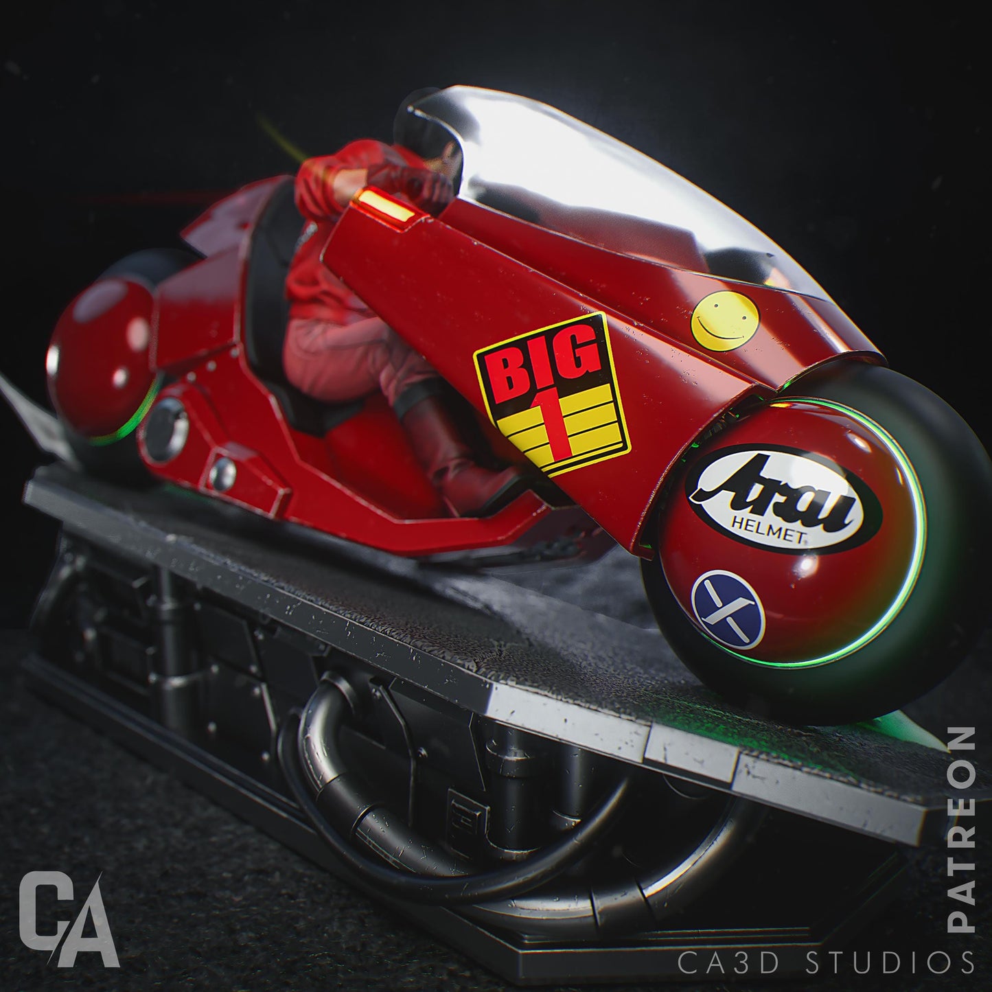 a red motorcycle with a helmet on top of it