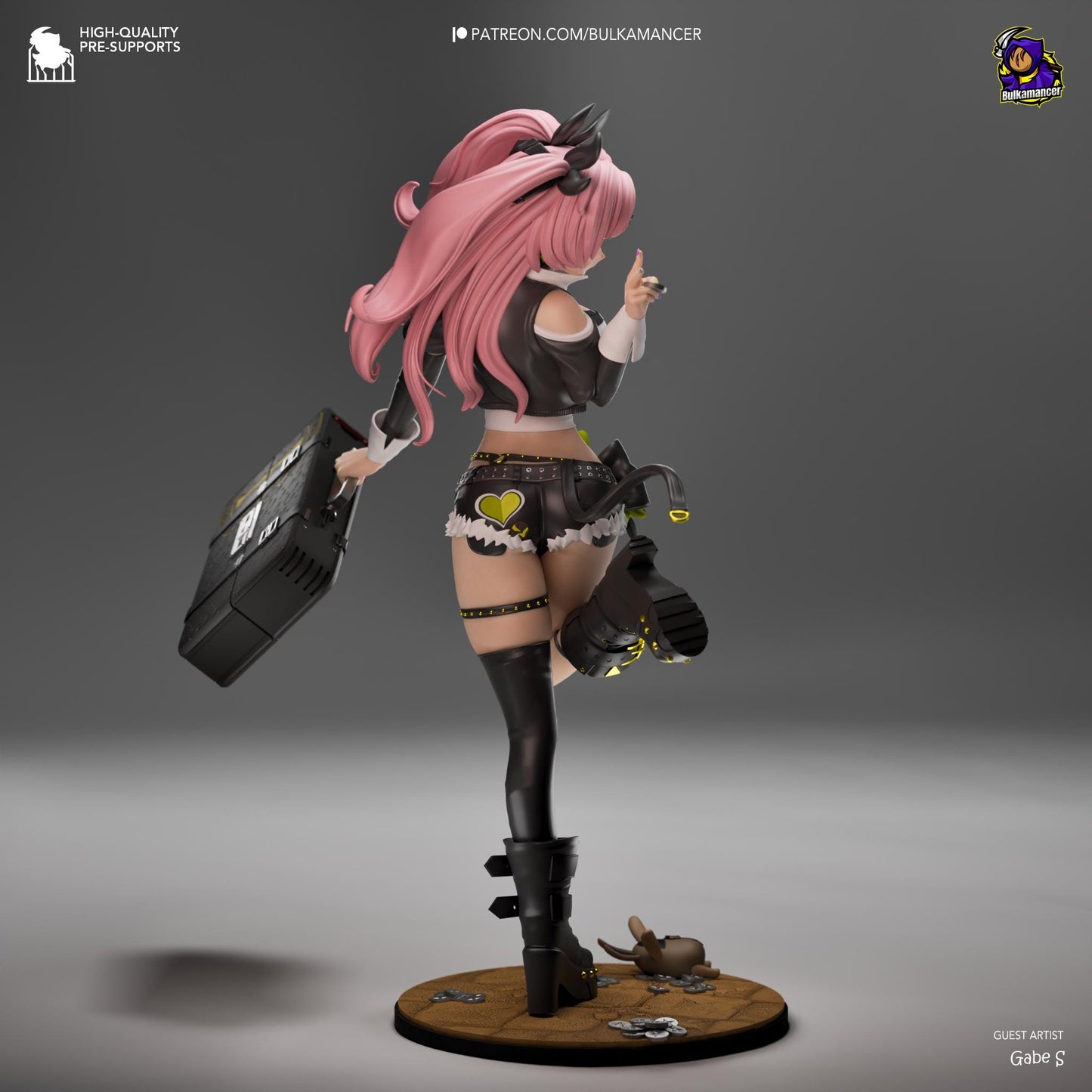 a figurine of a woman with pink hair holding a briefcase