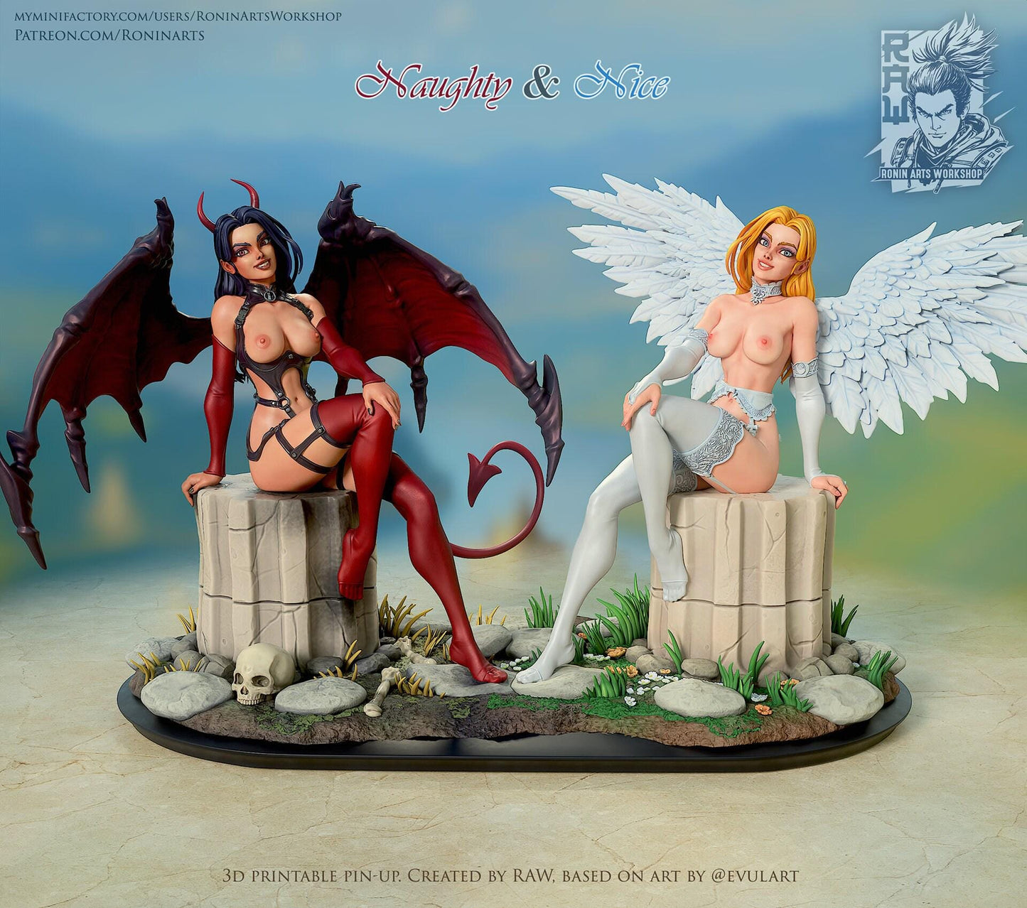 A stunning Pin-up Collectible Statue with "Naughty and Nice" options. This 3D printed figure is a perfect model for collectors