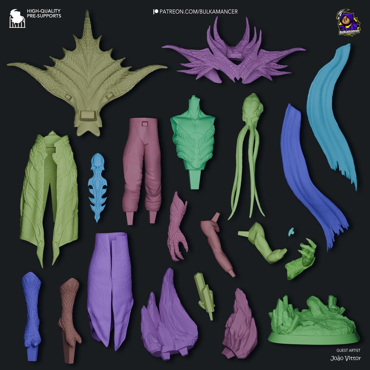a bunch of different colored plastic items on a black background