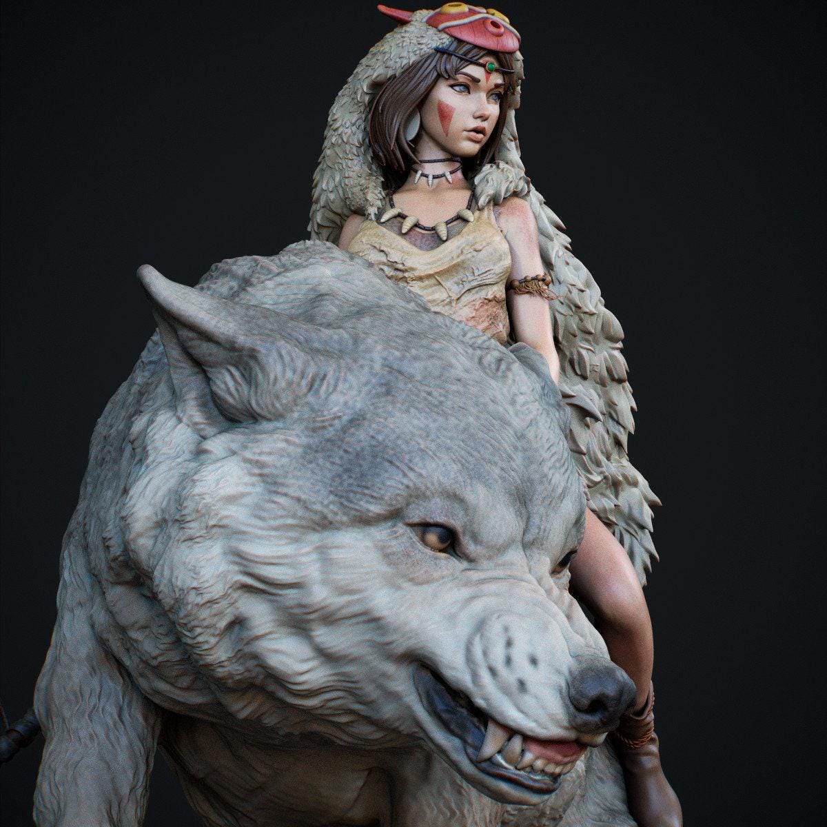 Princess Mononoke & Wolf 3D Printed Collectible Statue: Epic Studio Ghibli Figure of San & Moro