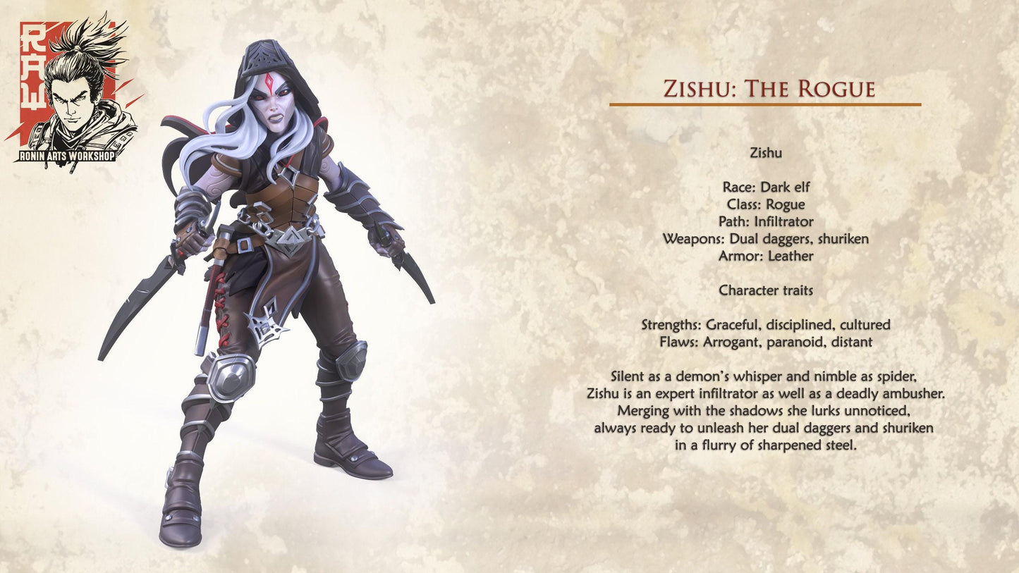 Zishu Dark Elf Rogue: Unleash Shadows with 3D-Printed Miniatures in 35mm Scale for DnD, Pathfinder, and Collectible Miniature Enthusiasts
