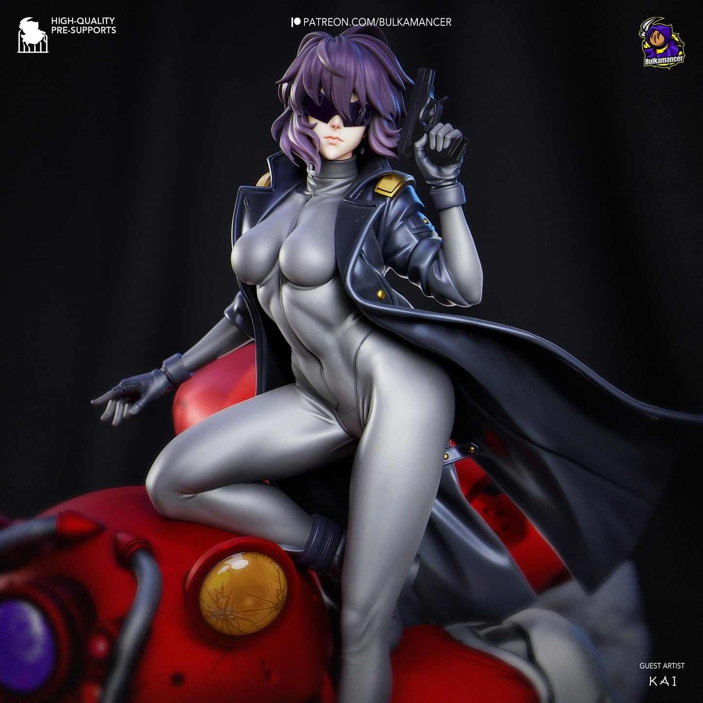 a statue of a woman dressed as a super hero sitting on top of a red