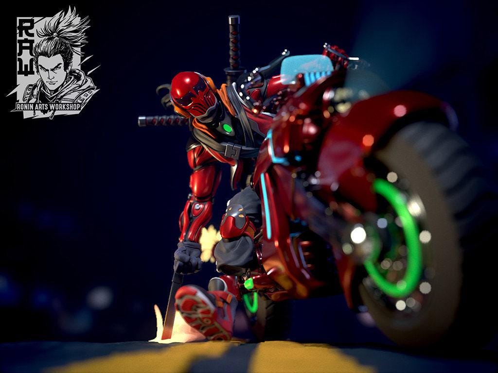 Biker Takeshi, 35 mm, 54 mm, 3D Printed miniature, cyberpunk model, cyberpunk 3d model, cyberpunk miniature, wargame miniature, sci-fi
