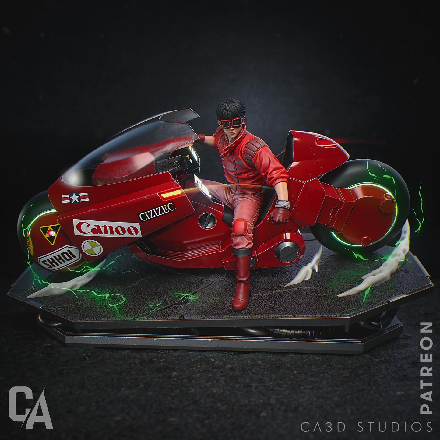 a red motorcycle with a man sitting on top of it