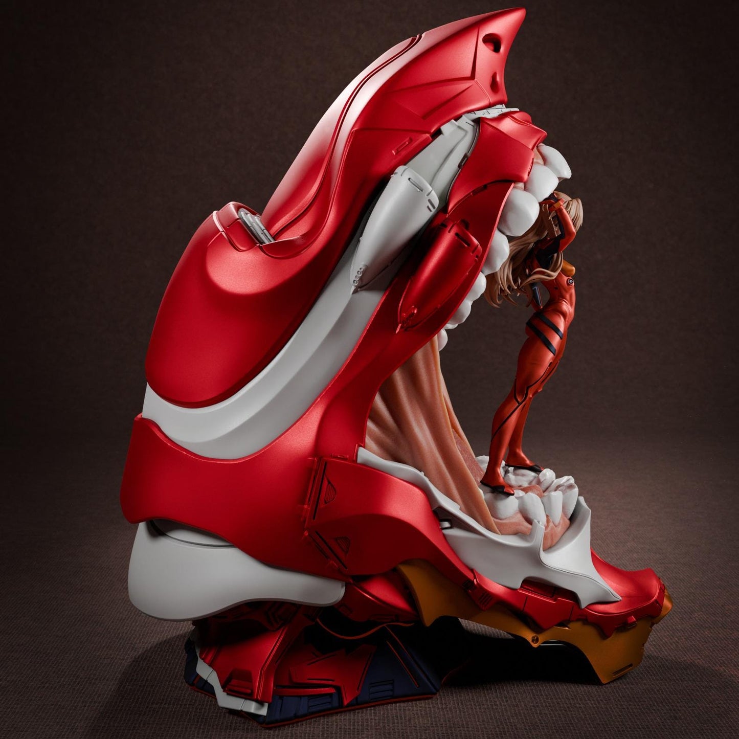 a close up of a red and white object on a black background