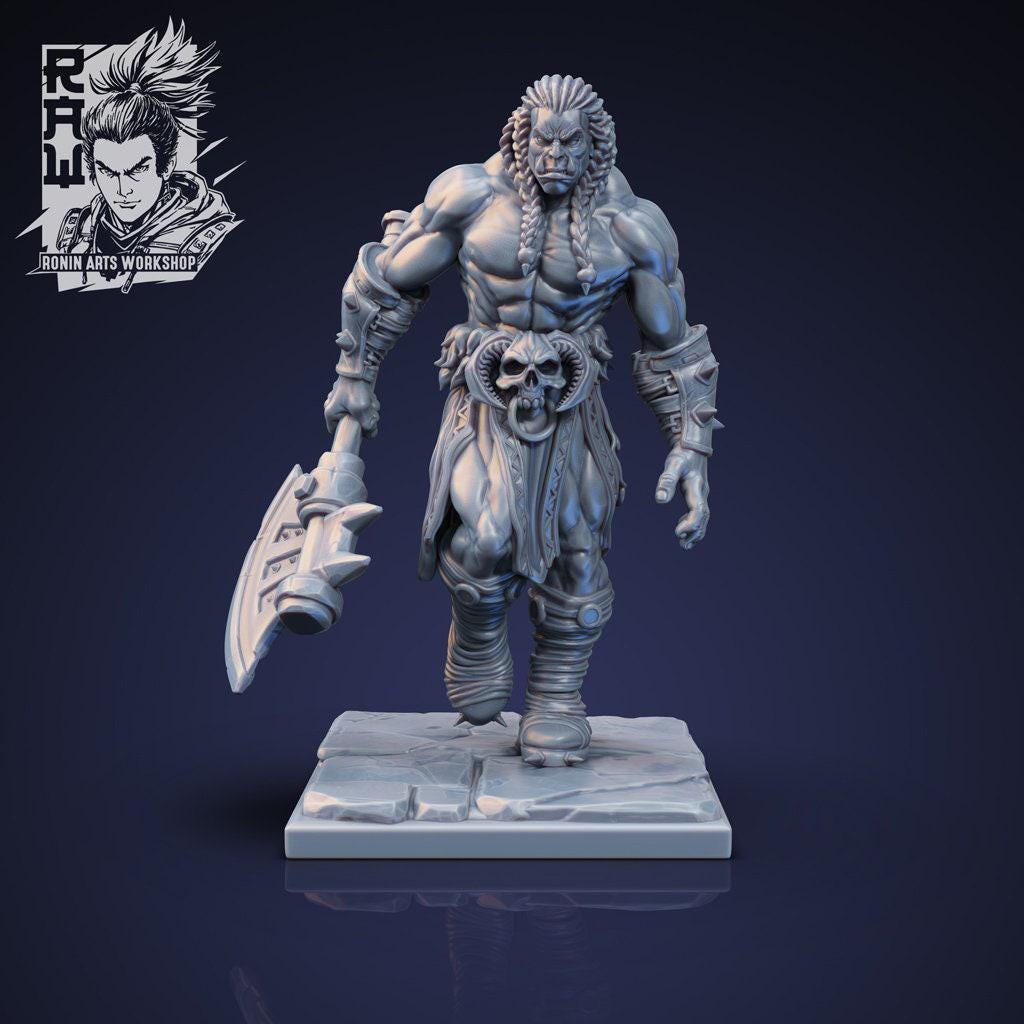 Razbok Raging Half-Orc Barbarian - Unpainted 35mm Berserker Miniature