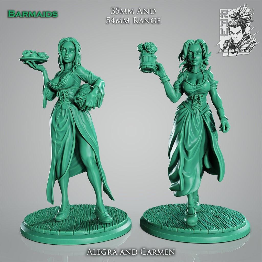 Fantasy Barmaids Collectible Miniatures | Unpainted & 3D Printed RPG Figures