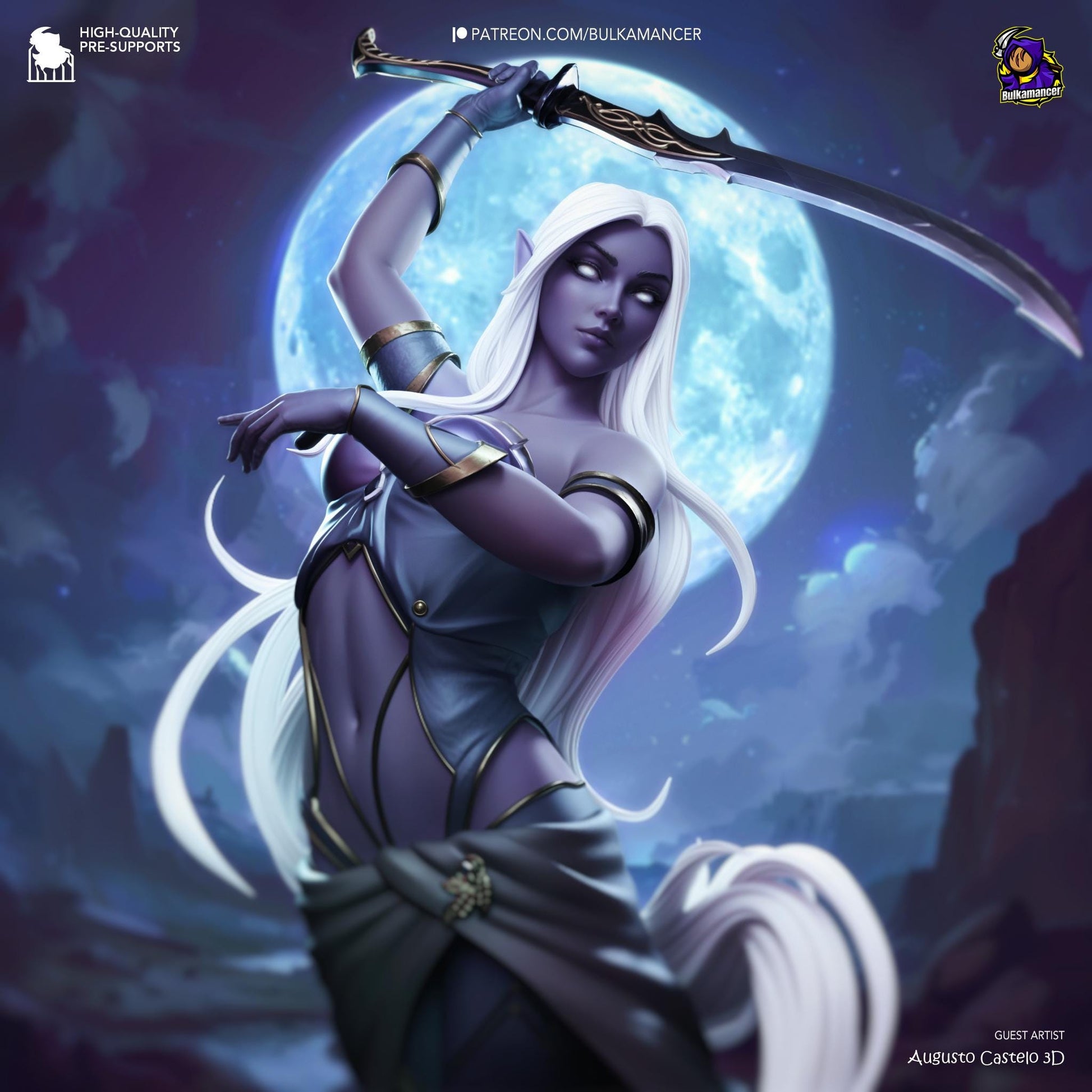 a woman with a sword standing in front of a full moon