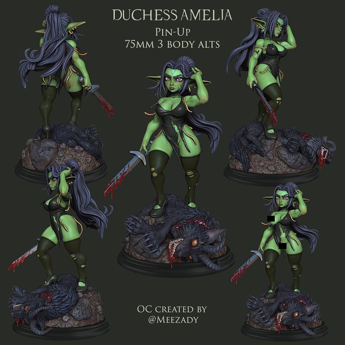 Amelia, Female Orc, Pinup, SFW, NSFW, Collectible Miniatures, Pinup miniature, Collectible figurines, Pin-up, Lewd miniature, 75 mm, 120 mm
