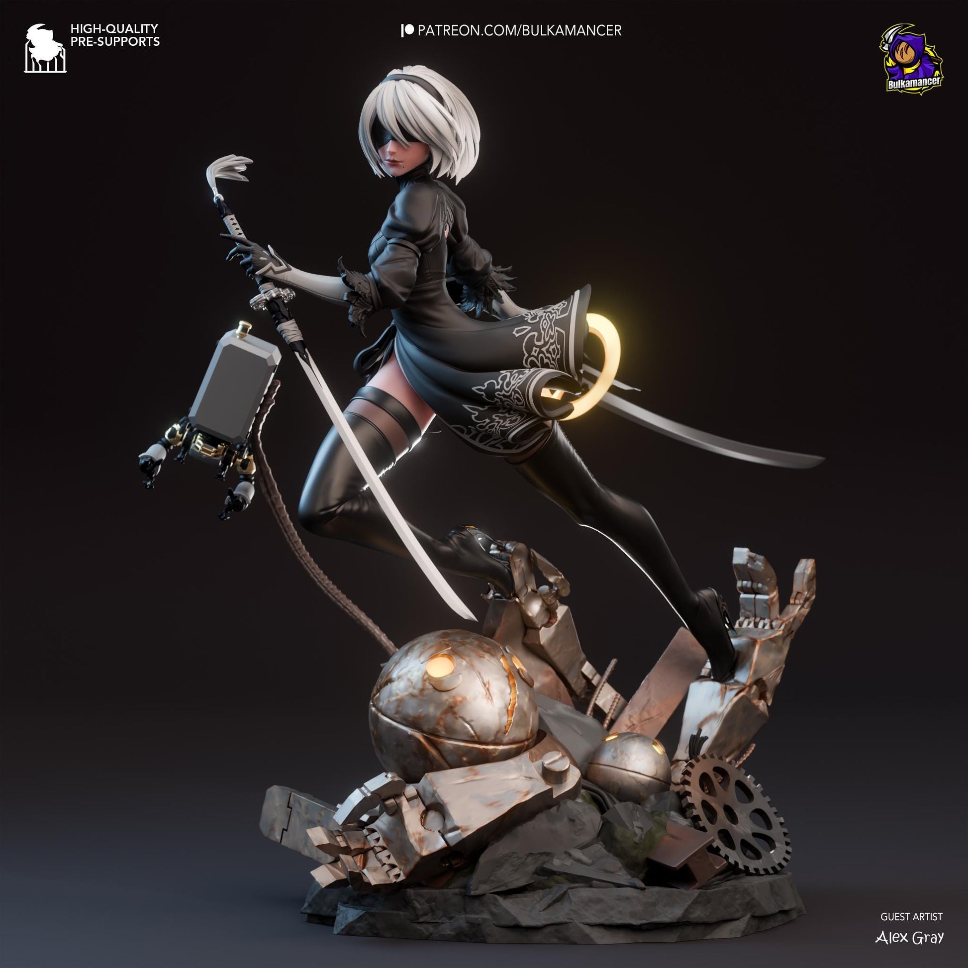 a statue of a woman with a sword on top of a pile of junk