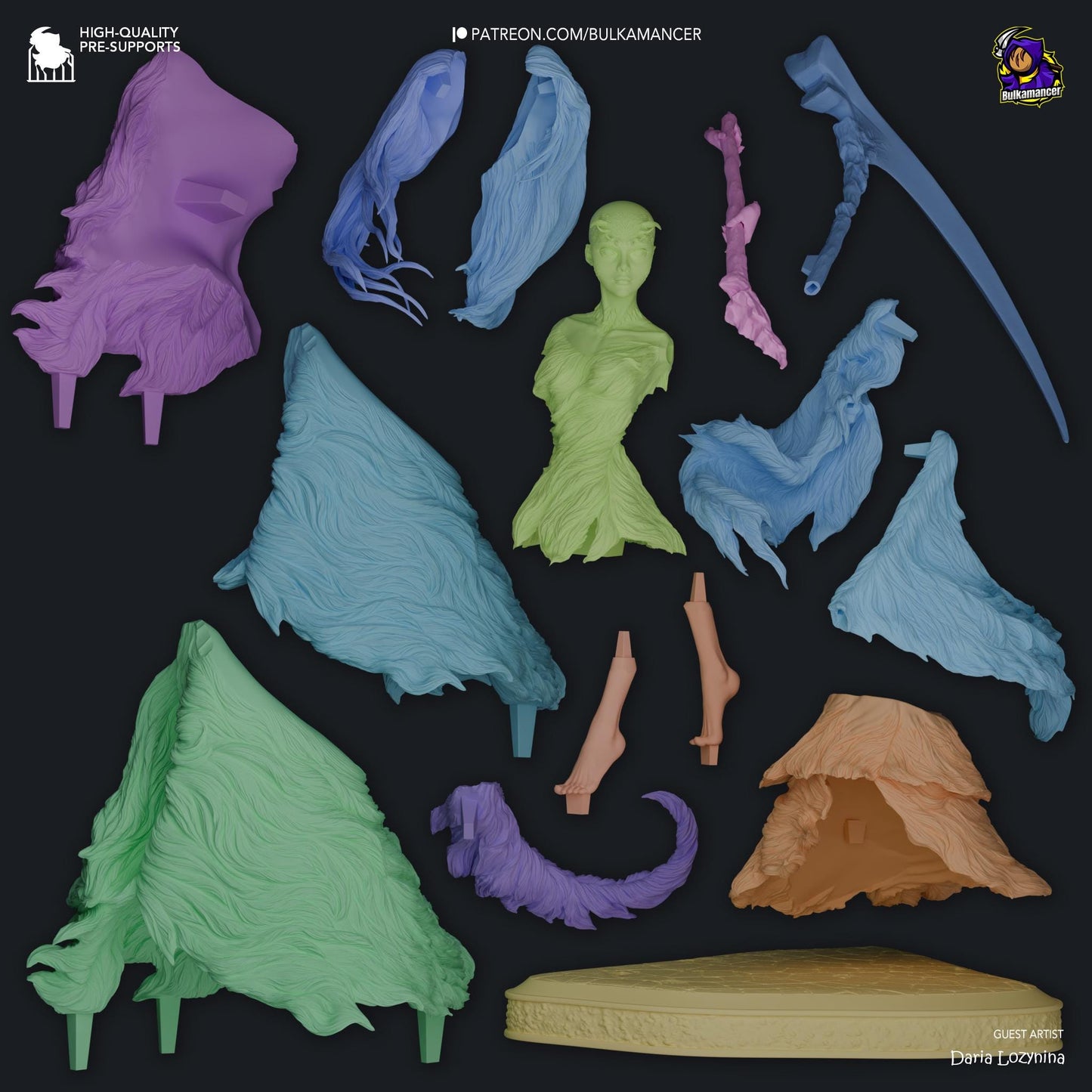 a group of different colored plastic figures on a black background