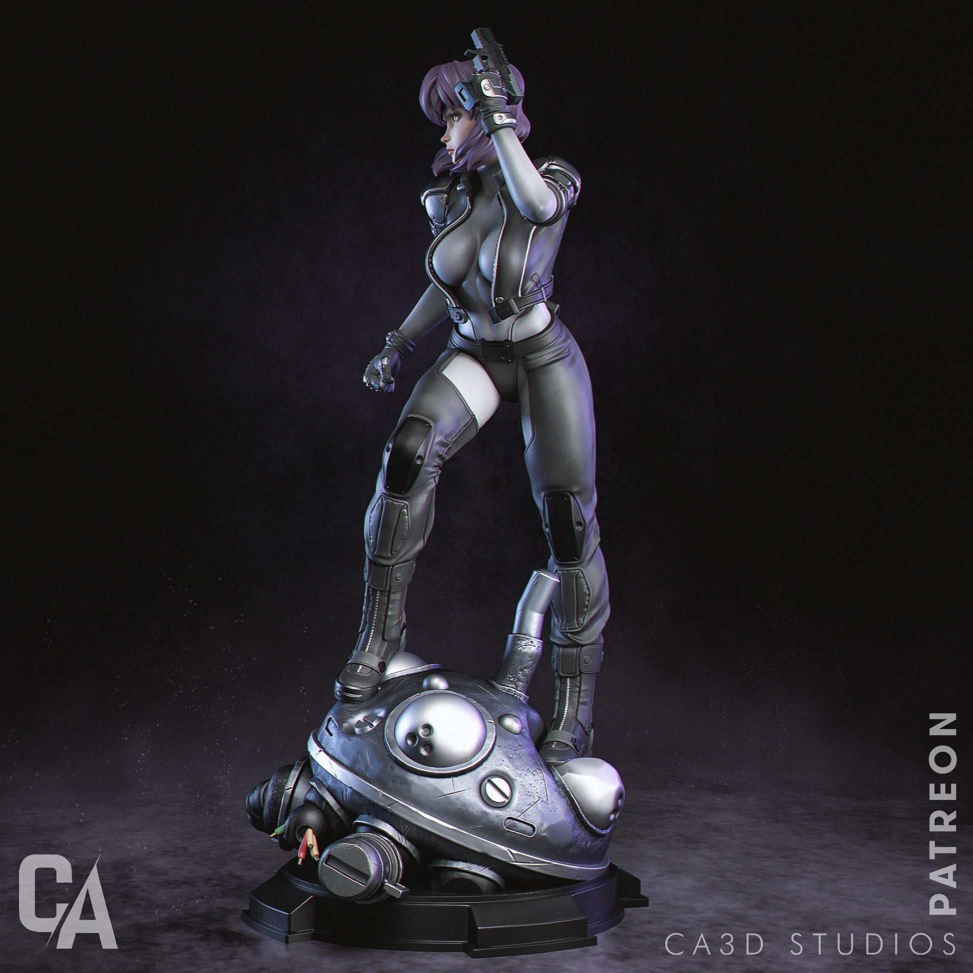 a statue of a woman in a futuristic suit