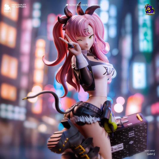a girl with pink hair and horns holding a suitcase