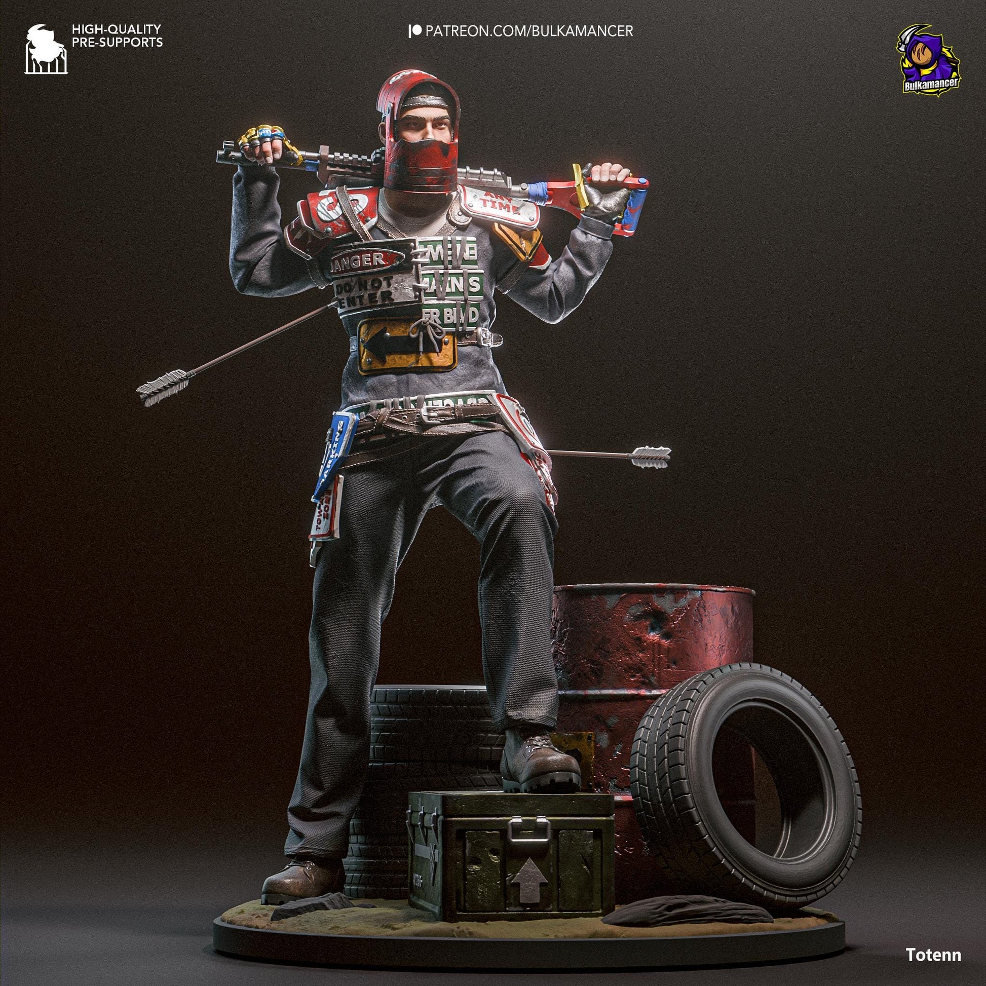 a statue of a man with a gun and a drum