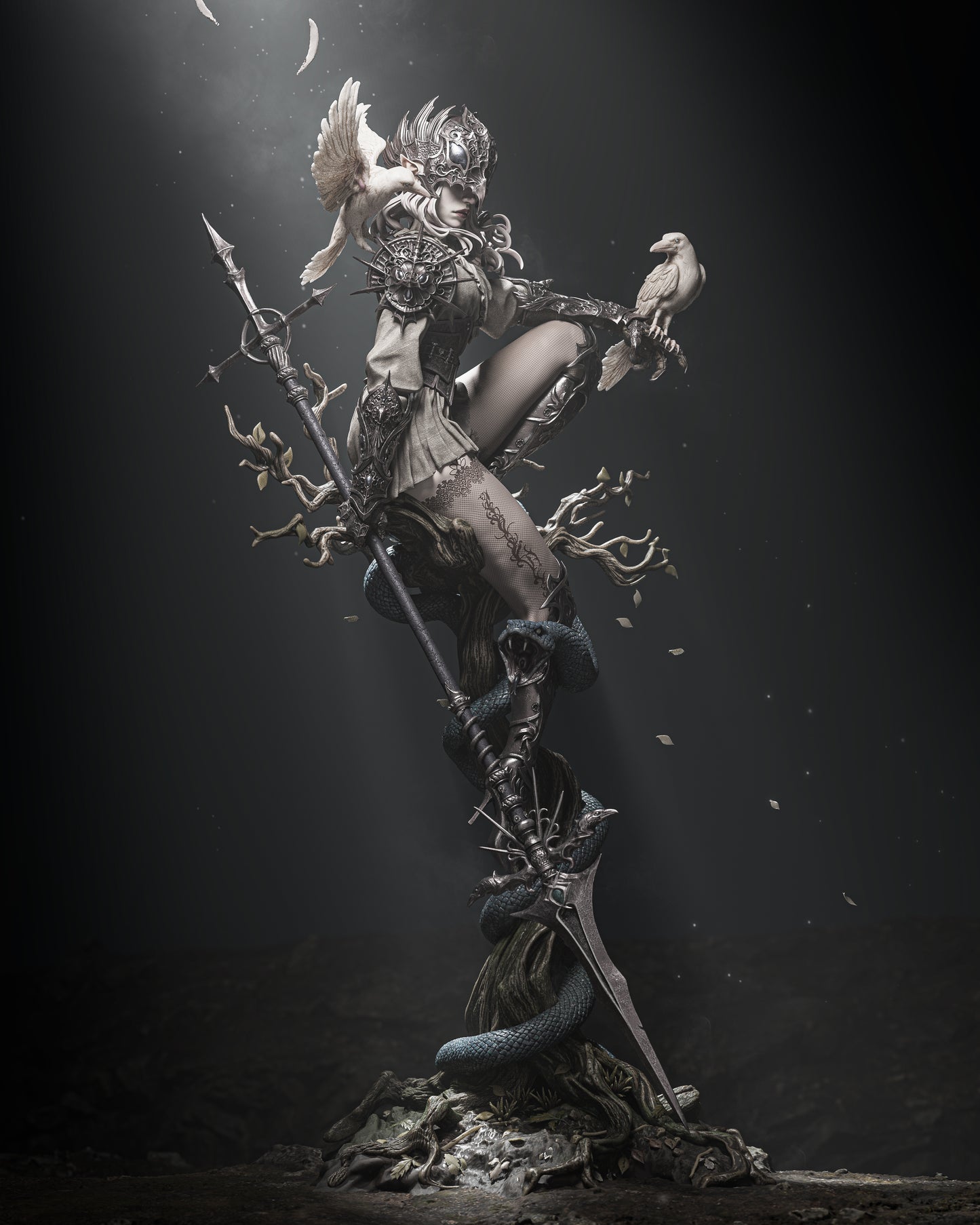 Leona Fantasy Warrior Statue with Raven Companions | 3D Printed Collectible Figure (Painted/Unpainted)