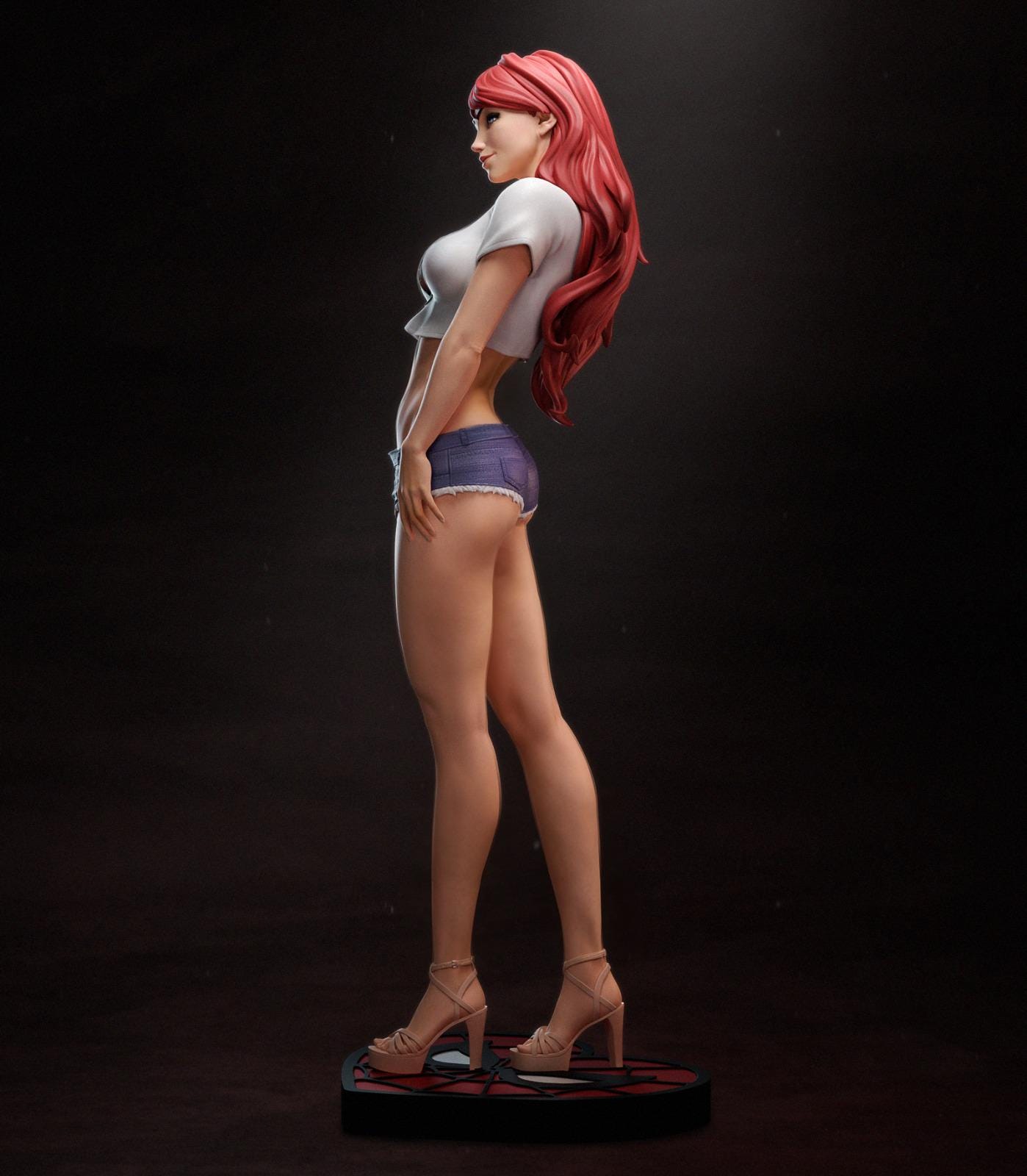 a woman with long red hair and a white shirt