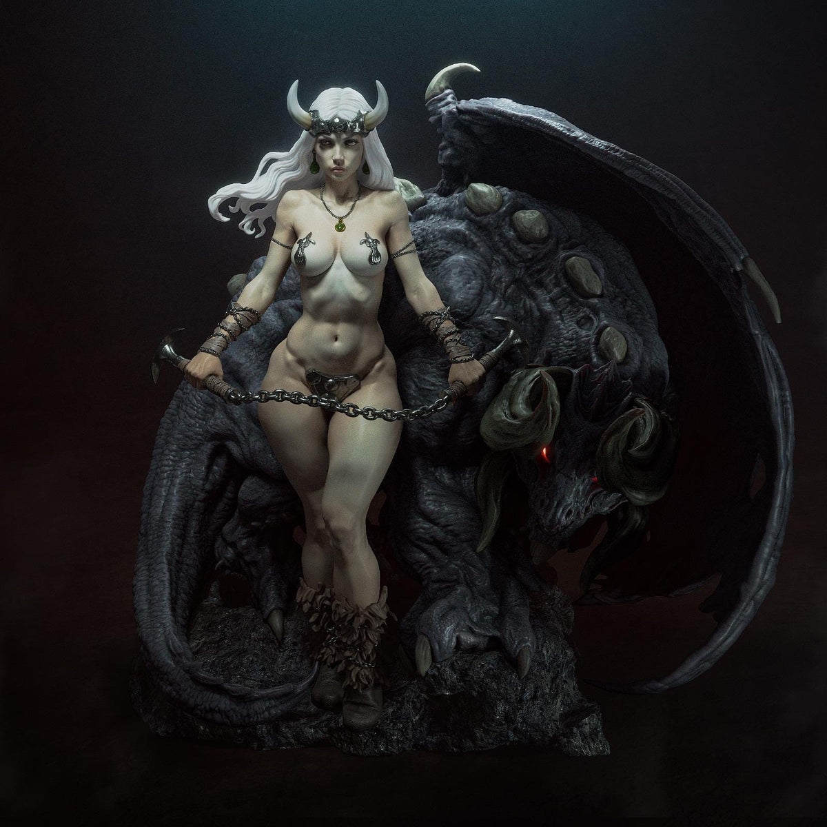 a statue of a woman with horns and chains