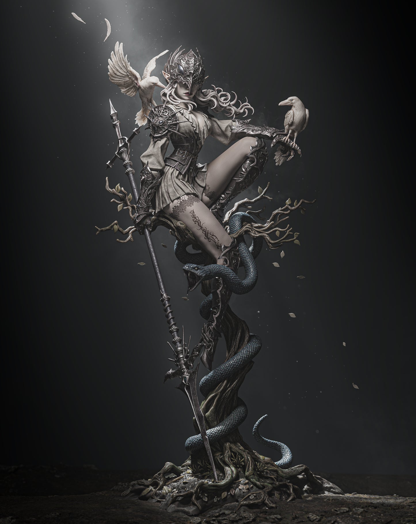 Leona Fantasy Warrior Statue with Raven Companions | 3D Printed Collectible Figure (Painted/Unpainted)
