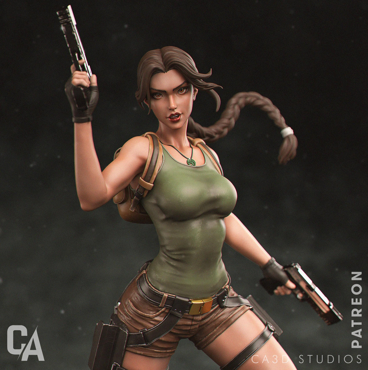a woman with a gun and a gun in her hand
