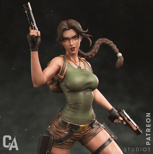 a woman with a gun and a gun in her hand