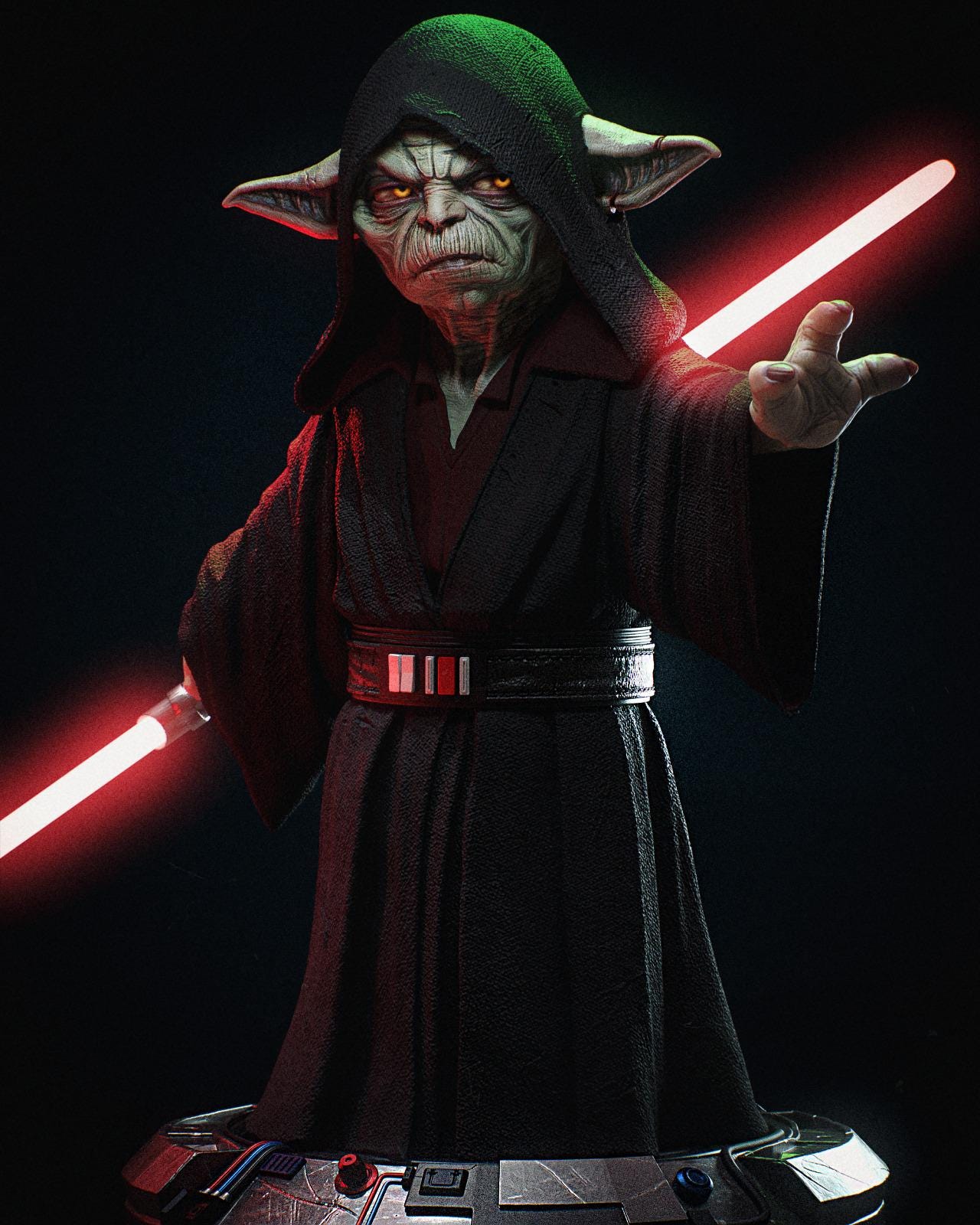 a star wars character is holding a light saber