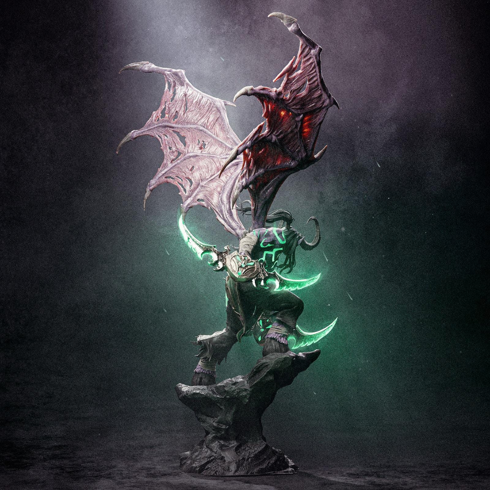 a statue of a demon on a rock in the dark