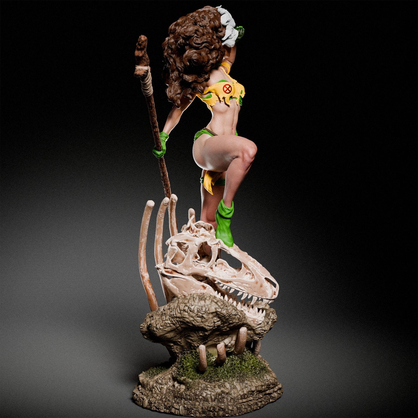 a statue of a woman on top of a dinosaur