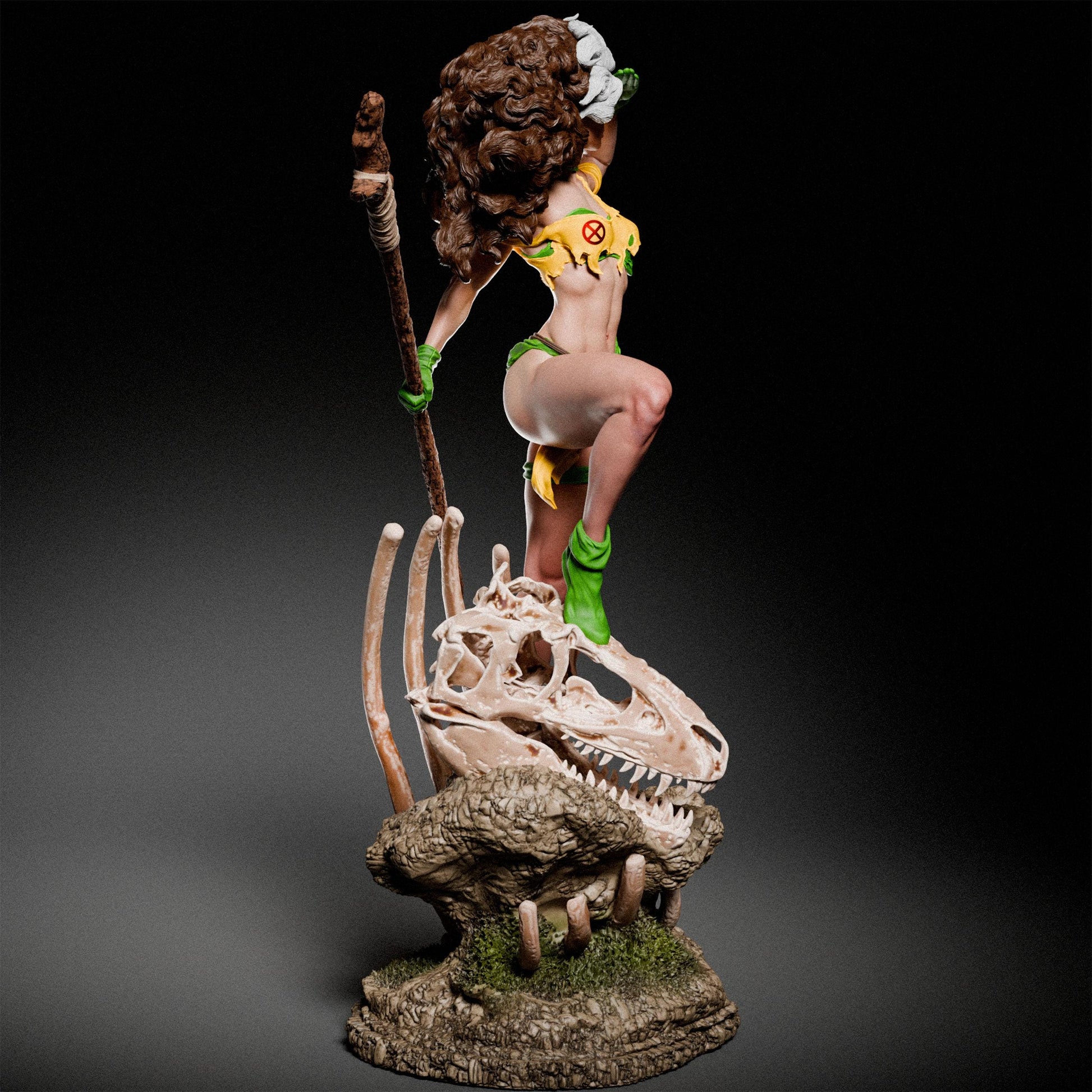 a statue of a woman on top of a dinosaur