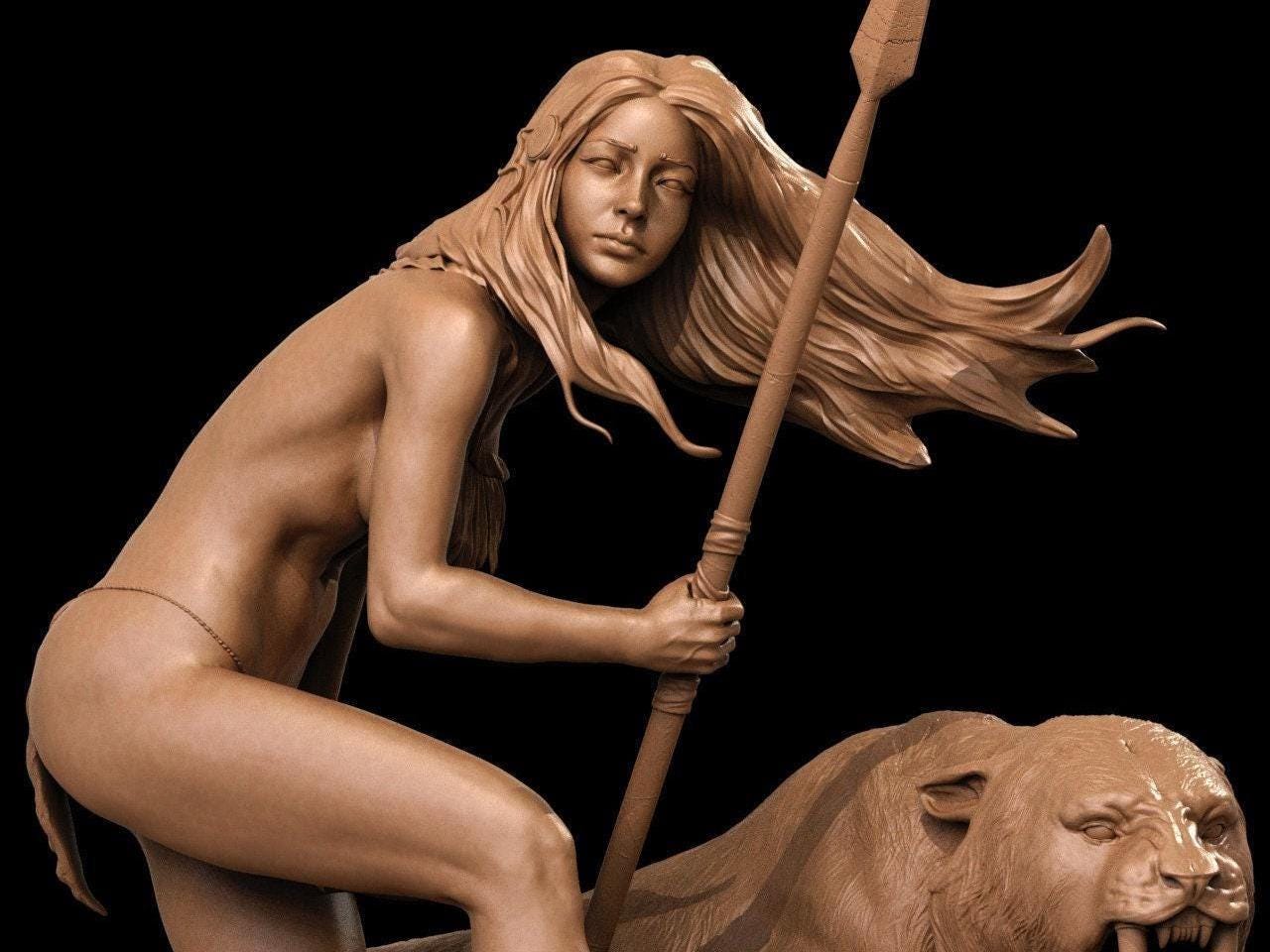 Cave Girl with Sabertooth Resin Statue – Hand-Painted Prehistoric Warrior Collectible Boris Vallejo