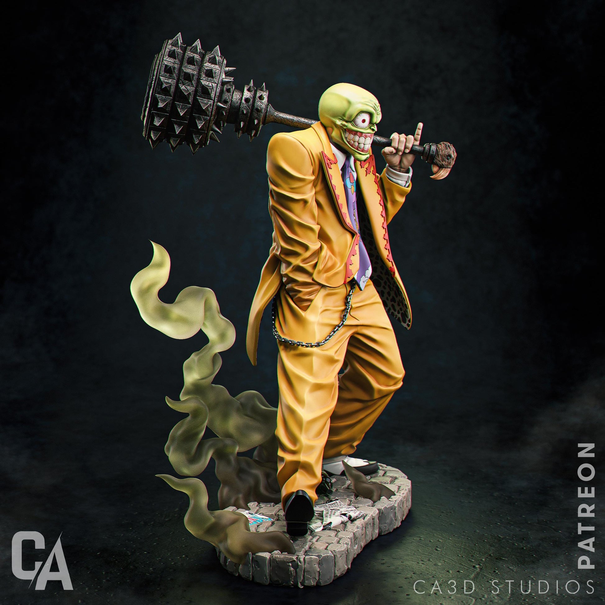 a statue of a man in a yellow suit holding a giant wrench