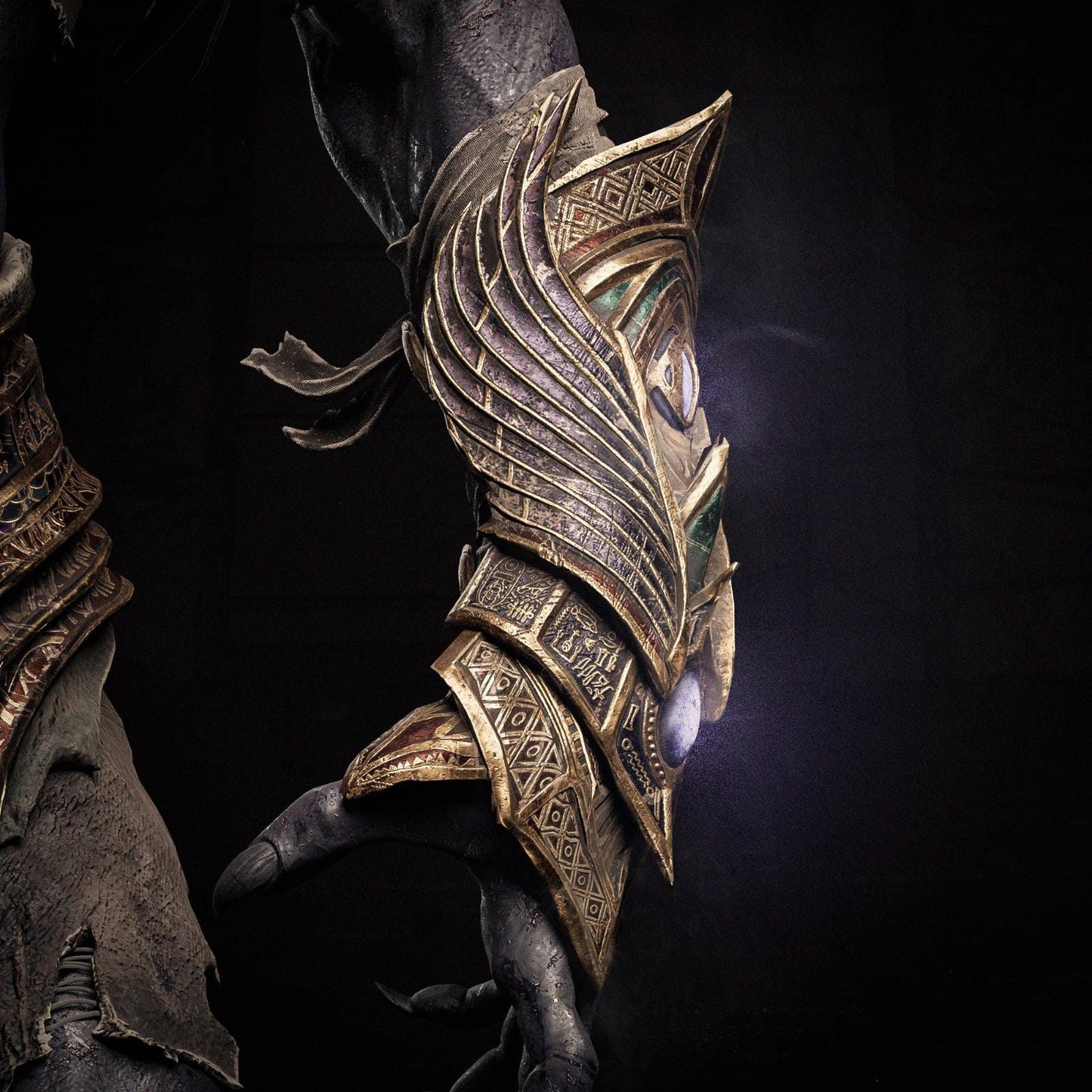 a close up of a costume on a horse