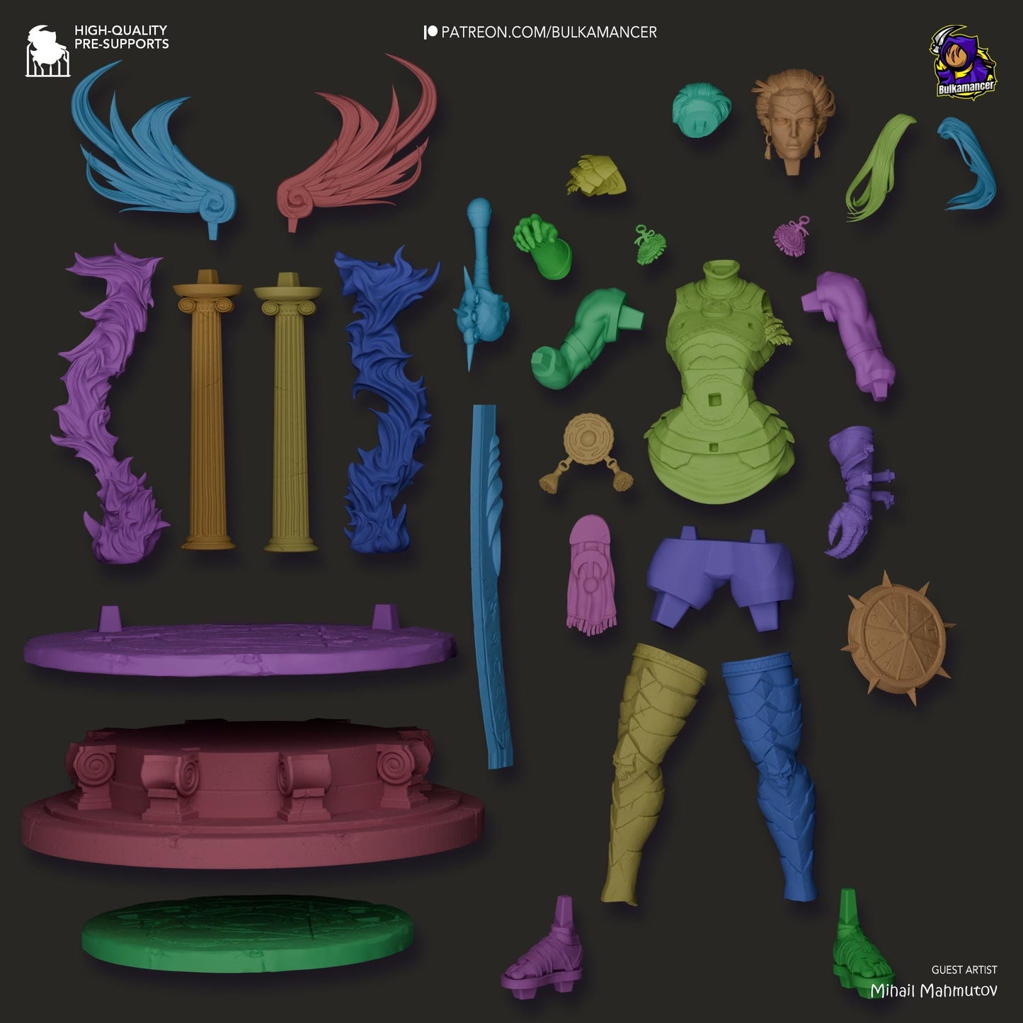a bunch of different colored objects on a black background