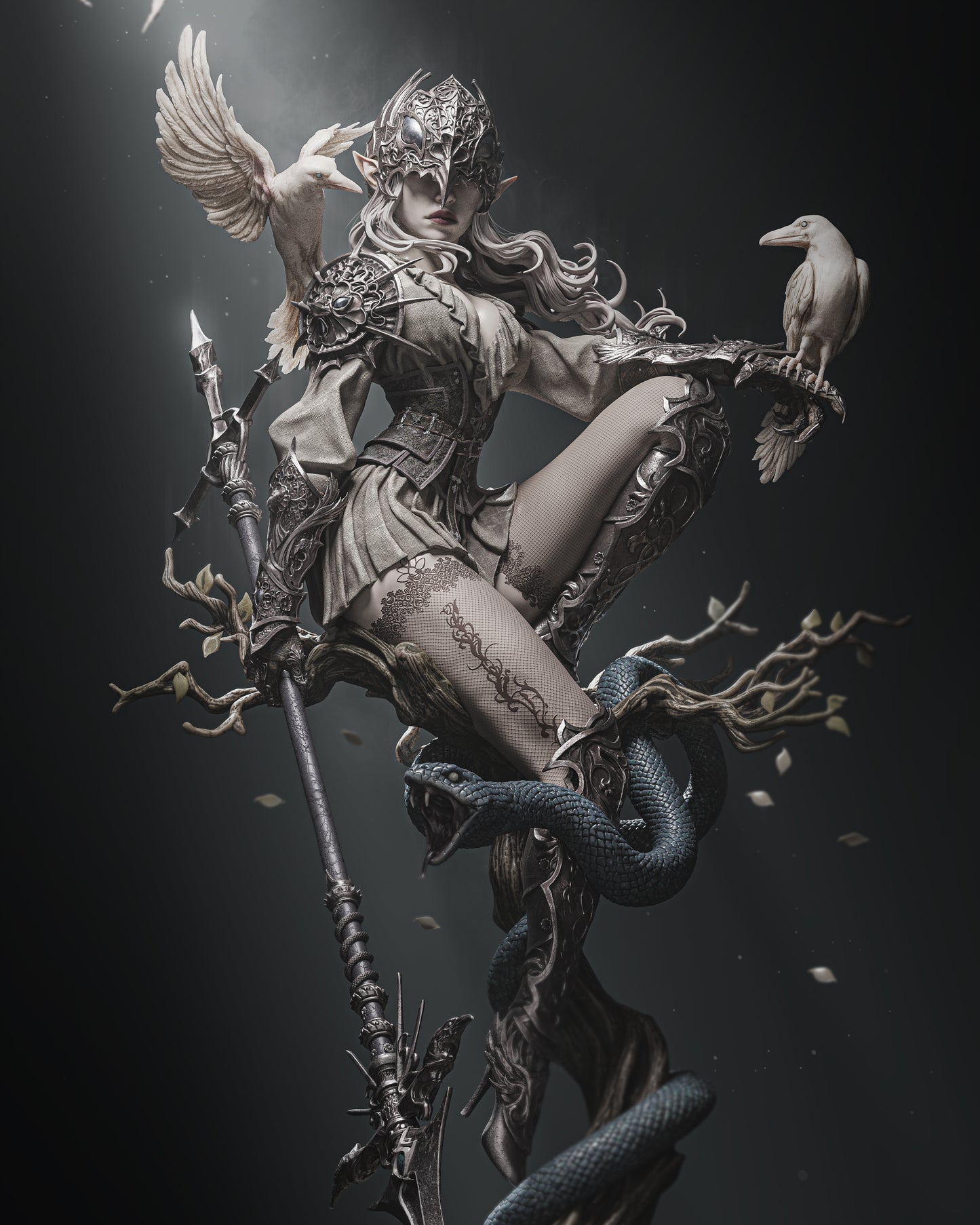Leona Fantasy Warrior Statue with Raven Companions | 3D Printed Collectible Figure (Painted/Unpainted)