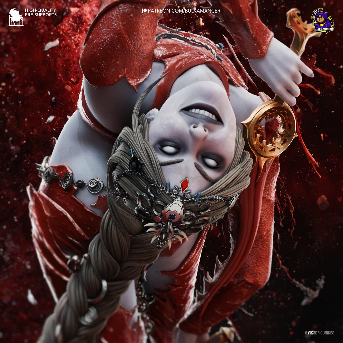 a woman dressed in red and white with a clock in her hand