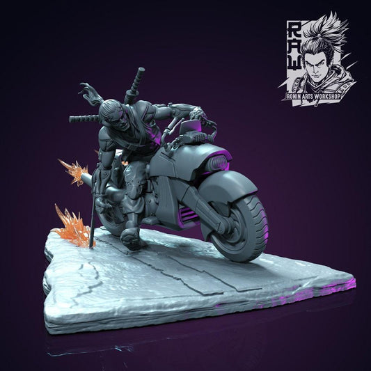 Biker Takeshi, 35 mm, 54 mm, 3D Printed miniature, cyberpunk model, cyberpunk 3d model, cyberpunk miniature, wargame miniature, sci-fi