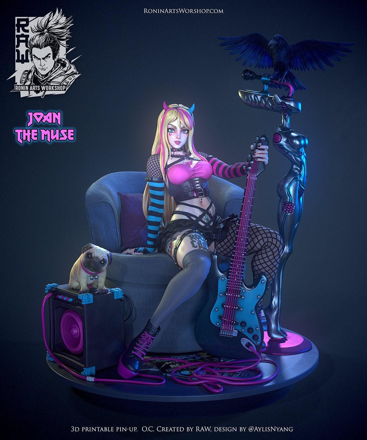 Joan the Muse NSFW 3D Printed Statue – Mature Cyber-Goth Pin-Up Resin Collectible, Made to Order for Adult Collectors