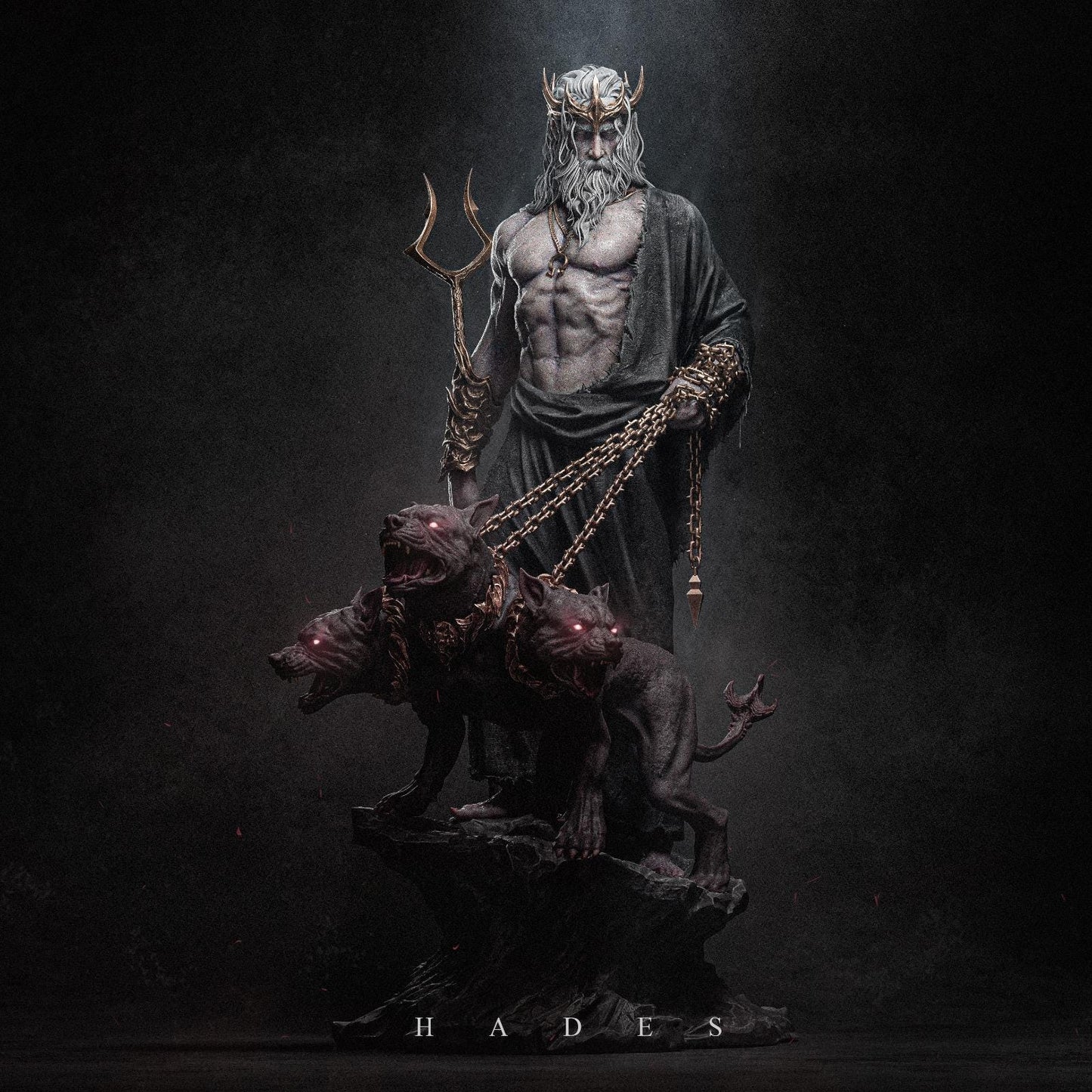 a statue of a man with a horned head holding a sword