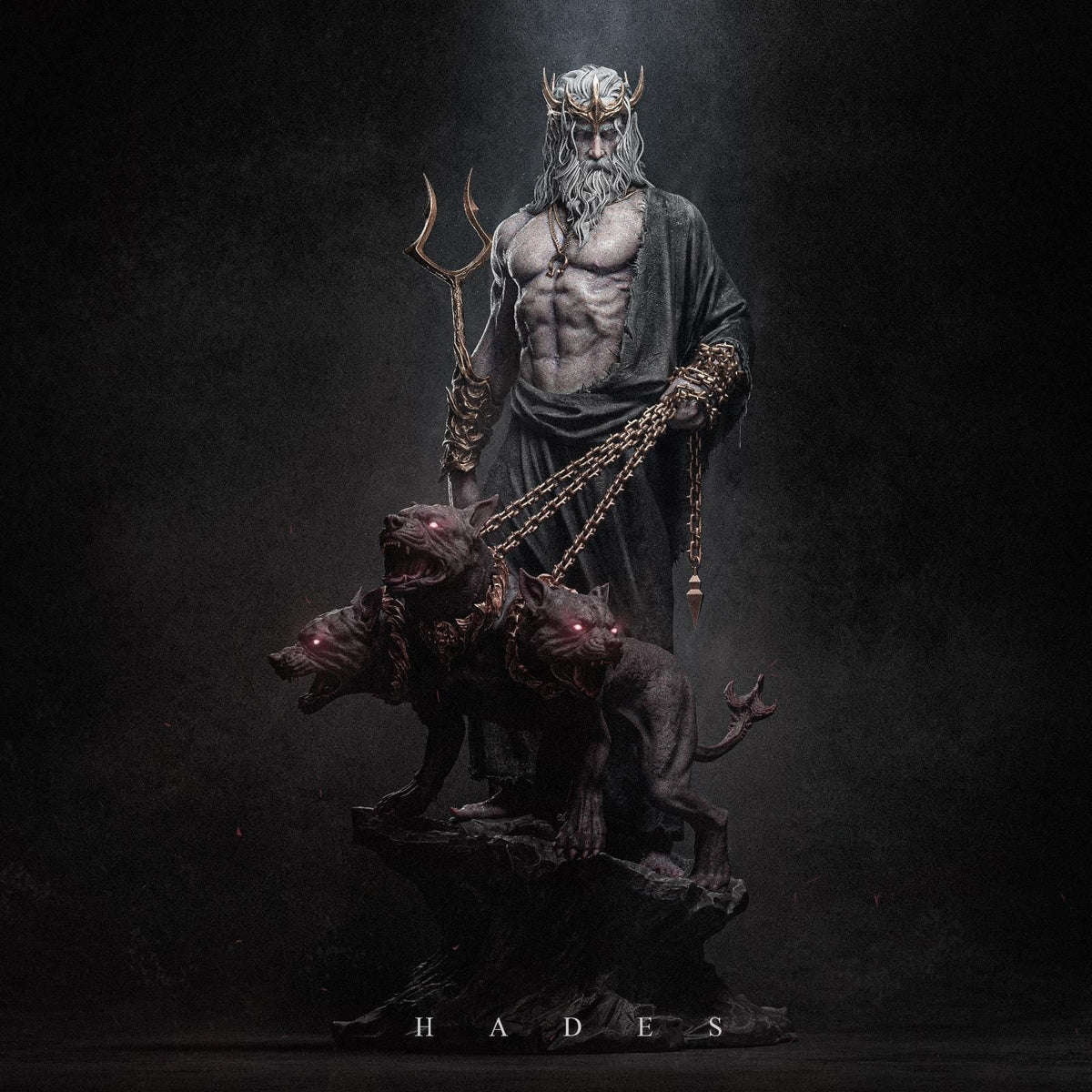 a statue of a man with a horned head holding a sword