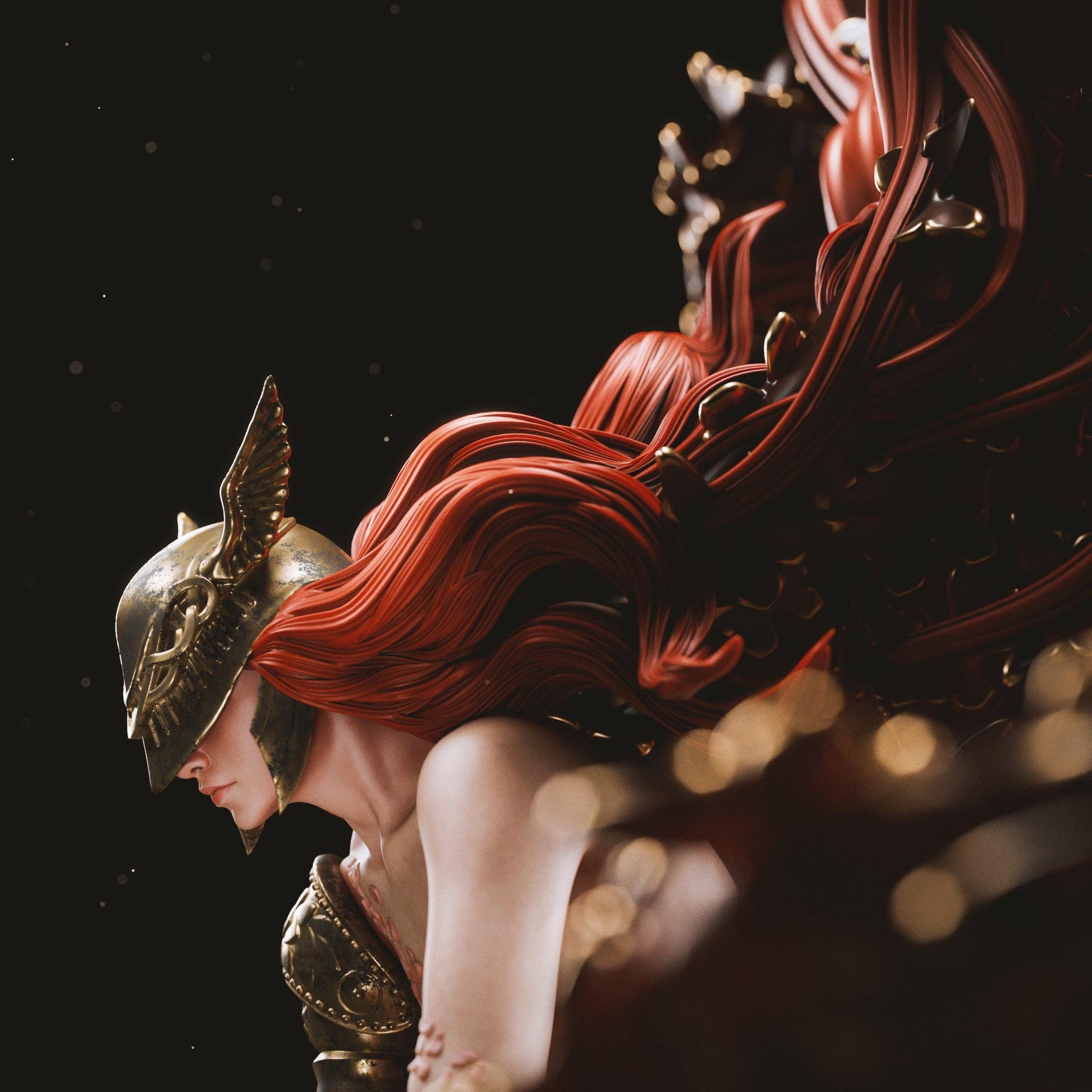 a statue of a woman with red hair and armor
