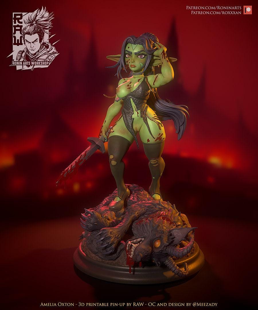 Amelia, Female Orc, Pinup, SFW, NSFW, Collectible Miniatures, Pinup miniature, Collectible figurines, Pin-up, Lewd miniature, 75 mm, 120 mm