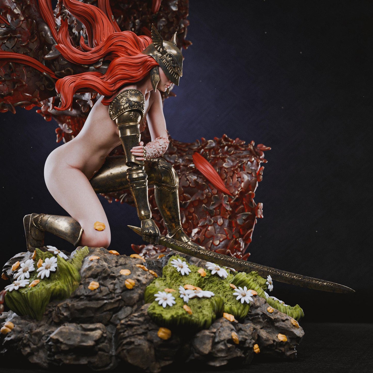 a statue of a woman with red hair holding a sword