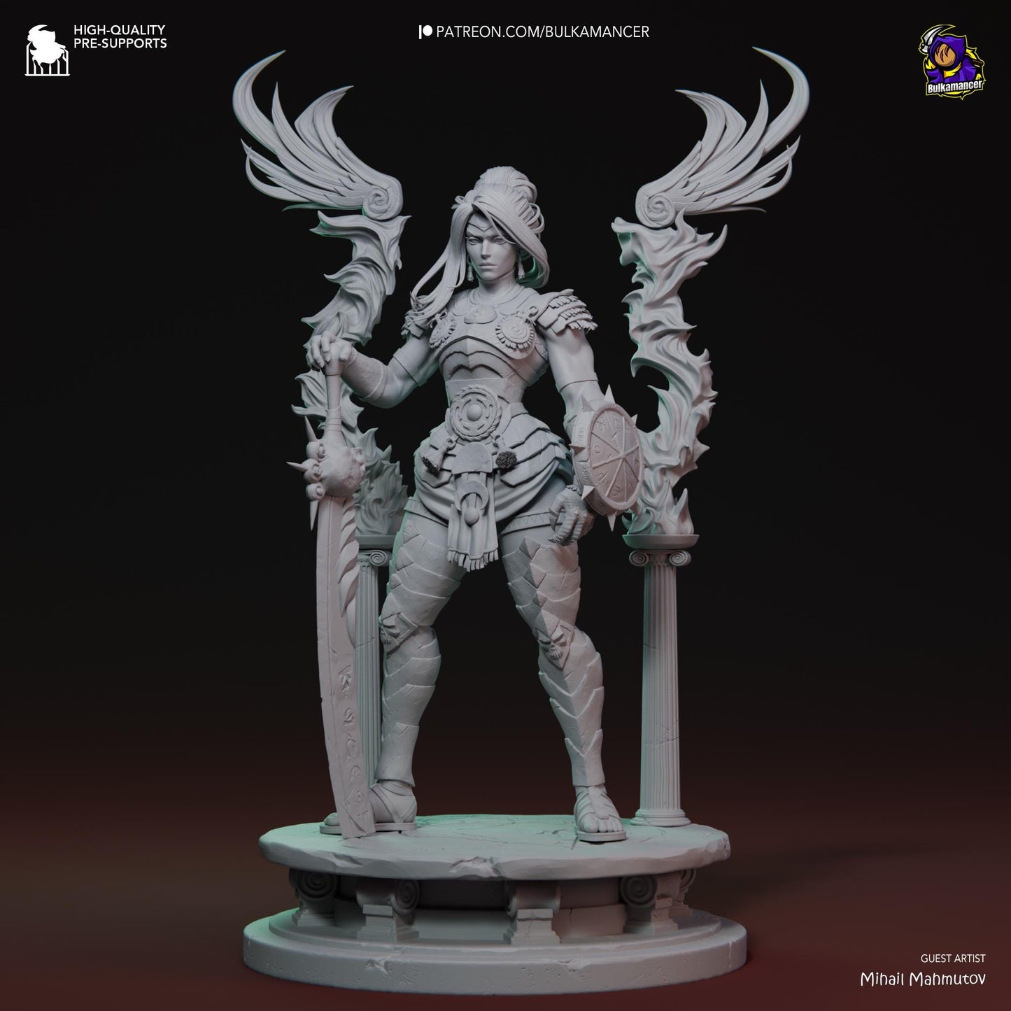 a statue of a woman holding a sword and a shield