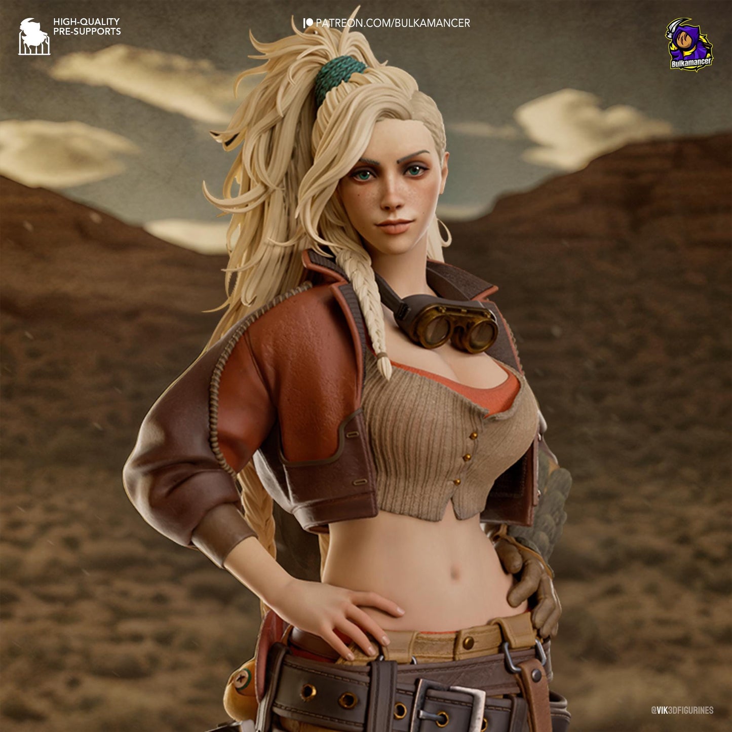 a woman with blonde hair and a leather jacket